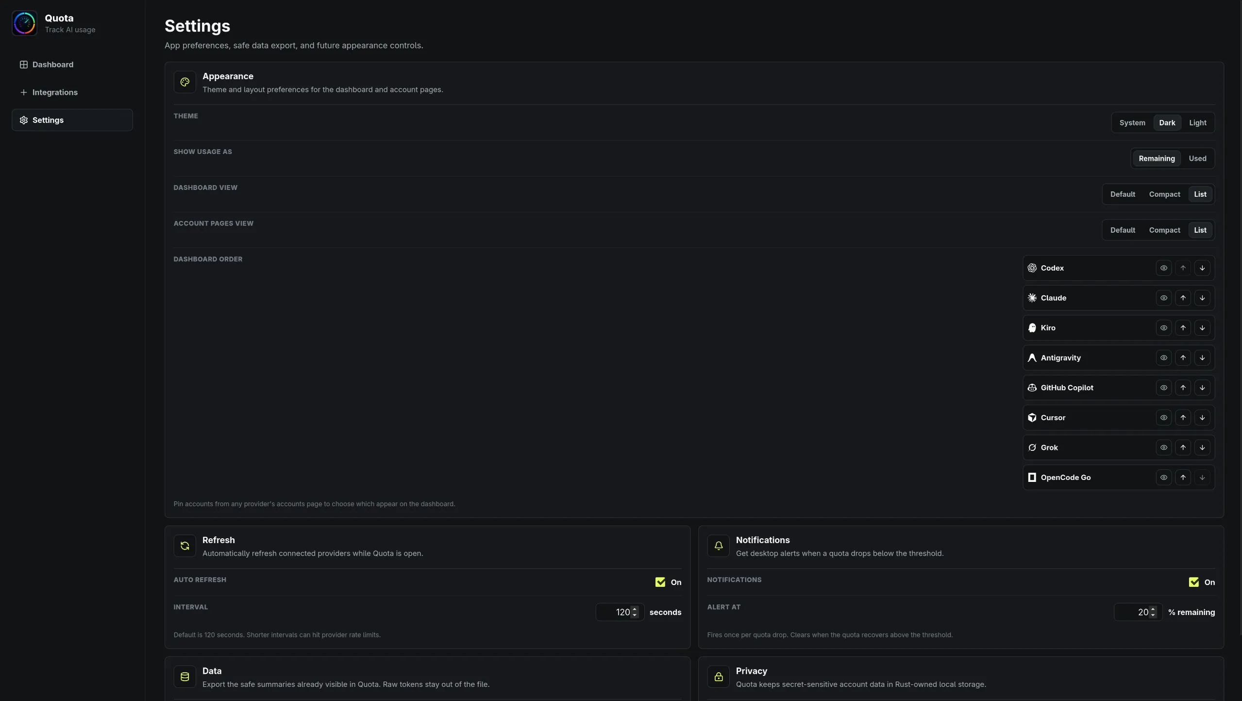 Quota settings with theme, layout and dashboard order controls