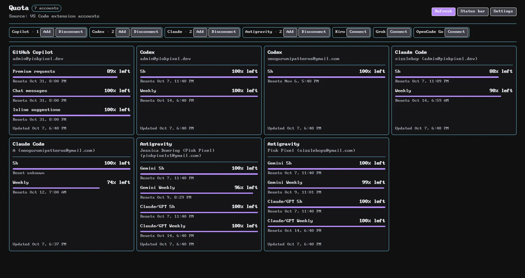 The Quota panel in VS Code showing Copilot, Codex, Claude Code, Antigravity and Kiro usage